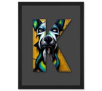Artery8 Letter K Dog Face Yellow Decorative Graffiti Mural Alphabet Initial Stencil Artwork Framed Wall Art Print A4 in Black Artery8 Black