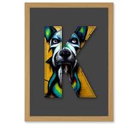Artery8 Letter K Dog Face Yellow Decorative Graffiti Mural Alphabet Initial Stencil Artwork Framed Wall Art Print A4 in Light Oak Artery8 Light Oak