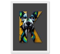 Artery8 Letter K Dog Face Yellow Decorative Graffiti Mural Alphabet Initial Stencil Artwork Framed Wall Art Print A4 in White Artery8 White
