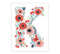 Artery8 Letter K in Watercolour Poppies Wildflowers Bouquet Floral Word Art For Her Birthday Mum Wife Woman Friend Large Wall Art Poster Print 18X24 Inch