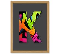 Artery8 Letter K Neon Abstract Decorative Graffiti Mural Alphabet Initial Stencil Artwork Framed Wall Art Print A4 in Light Oak Artery8 Light Oak