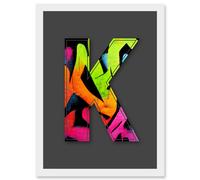 Artery8 Letter K Neon Abstract Decorative Graffiti Mural Alphabet Initial Stencil Artwork Framed Wall Art Print A4 in White Artery8 White