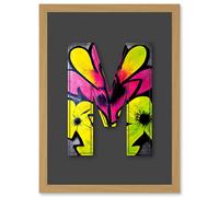 Artery8 Letter M Neon Yellow Flower Decorative Graffiti Mural Alphabet Initial Stencil Artwork Framed Wall Art Print A4 in Light Oak Artery8 Light Oak