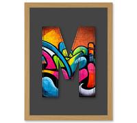 Artery8 Letter M Tagging Orange Blue Pink Decorative Graffiti Mural Alphabet Initial Stencil Artwork Framed Wall Art Print A4 in Light Oak Artery8 Light Oak
