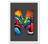 Artery8 Letter M Tagging Orange Blue Pink Decorative Graffiti Mural Alphabet Initial Stencil Artwork Framed Wall Art Print A4 in White Artery8 White