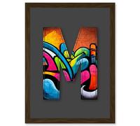 Artery8 Letter M Tagging Orange Blue Pink Decorative Graffiti Mural Alphabet Initial Stencil Artwork Framed Wall Art Print A4 in Brown Artery8 Brown