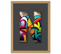 Artery8 Letter N Tagging Multicoloured Decorative Graffiti Mural Alphabet Initial Stencil Artwork Framed Wall Art Print A4 in Light Oak Artery8 Light Oak
