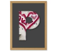Artery8 Letter P Heart Cream Decorative Graffiti Mural Alphabet Initial Stencil Artwork Framed Wall Art Print A4 in Light Oak Artery8 Light Oak