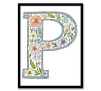 Artery8 Letter P in Flowers Pencil Drawing Spring Bouquet Floral Word Art For Her Birthday Mum Wife Woman Friend Artwork Framed Wall Art Print 18X24 Inch