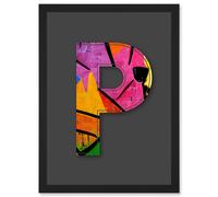 Artery8 Letter P Neon Multicoloured Abstract Decorative Graffiti Mural Alphabet Initial Stencil Artwork Framed Wall Art Print A4 in Black Artery8 Black