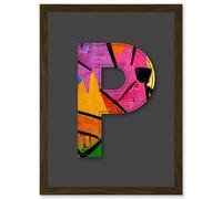 Artery8 Letter P Neon Multicoloured Abstract Decorative Graffiti Mural Alphabet Initial Stencil Artwork Framed Wall Art Print A4 in Brown Artery8 Brown