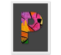 Artery8 Letter P Neon Multicoloured Abstract Decorative Graffiti Mural Alphabet Initial Stencil Artwork Framed Wall Art Print A4 in White Artery8 White