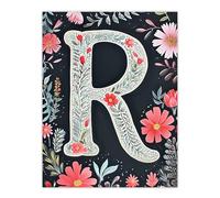 Artery8 Letter R in Red Flowers Watercolour Bold Leaves Floral Word Art For Her Birthday Mum Wife Woman Friend Extra Large XL Wall Art Poster Print