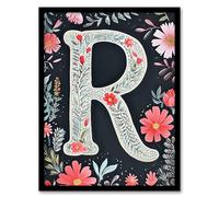 Artery8 Letter R in Red Flowers Watercolour Bold Leaves Floral Word Art For Her Birthday Mum Wife Woman Friend Artwork Framed Wall Art Print 18X24 Inch