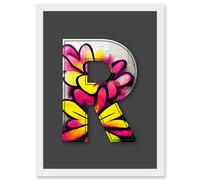 Artery8 Letter R Yellow Pink Flower Decorative Graffiti Mural Alphabet Initial Stencil Artwork Framed Wall Art Print A4 in White Artery8 White