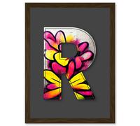 Artery8 Letter R Yellow Pink Flower Decorative Graffiti Mural Alphabet Initial Stencil Artwork Framed Wall Art Print A4 in Brown Artery8 Brown
