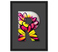 Artery8 Letter R Yellow Pink Flower Decorative Graffiti Mural Alphabet Initial Stencil Artwork Framed Wall Art Print A4 in Black Artery8 Black