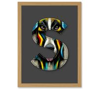 Artery8 Letter S Stripe Dog Face Multicoloured Decorative Graffiti Mural Alphabet Initial Stencil Artwork Framed Wall Art Print A4 in Light Oak Artery8 Light Oak
