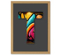 Artery8 Letter T Tagging Bright Multicoloured Decorative Graffiti Mural Alphabet Initial Stencil Artwork Framed Wall Art Print A4 in Light Oak Artery8 Light Oak