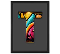 Artery8 Letter T Tagging Bright Multicoloured Decorative Graffiti Mural Alphabet Initial Stencil Artwork Framed Wall Art Print A4 in Black Artery8 Black