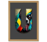 Artery8 Letter U Dog Tongue Multicoloured Decorative Graffiti Mural Alphabet Initial Stencil Artwork Framed Wall Art Print A4 in Light Oak Artery8 Light Oak
