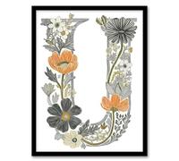 Artery8 Letter U in Wildflowers Line Drawing Red Delicate Floral Word Art For Her Birthday Mum Wife Woman Friend Artwork Framed Wall Art Print 18X24 Inch