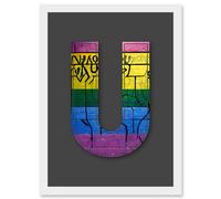 Artery8 Letter U Sriped Wall Yellow Purple Green Blue Decorative Graffiti Mural Alphabet Initial Stencil Artwork Framed Wall Art Print A4 in White Artery8 White