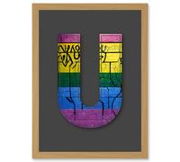 Artery8 Letter U Sriped Wall Yellow Purple Green Blue Decorative Graffiti Mural Alphabet Initial Stencil Artwork Framed Wall Art Print A4 in Light Oak Artery8 Light Oak