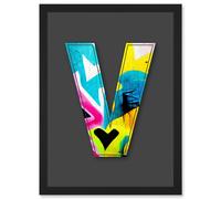 Artery8 Letter V Tagging Heart Decorative Graffiti Mural Alphabet Initial Stencil Artwork Framed Wall Art Print A4 in Black Artery8 Black