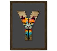Artery8 Letter Y Cat Face Multicoloured Decorative Graffiti Mural Alphabet Initial Stencil Artwork Framed Wall Art Print A4 in Brown Artery8 Brown