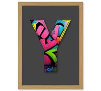 Artery8 Letter Y Colourful Brick Decorative Graffiti Mural Alphabet Initial Stencil Artwork Framed Wall Art Print A4 in Light Oak Artery8 Light Oak