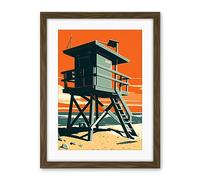 Artery8 Lifeguard Tower Seascape Pastel Colour Orange Teal Blue Beach Bathroom Artwork Framed Wall Art Print 18X24 Inch