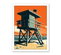 Artery8 Lifeguard Tower Seascape Pastel Colour Orange Teal Blue Beach Bathroom Artwork Framed Wall Art Print 18X24 Inch