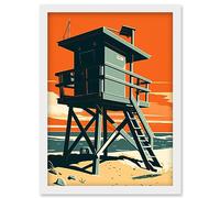 Artery8 Lifeguard Tower Seascape Pastel Colour Orange Teal Blue Beach Bathroom Artwork Framed Wall Art Print A4