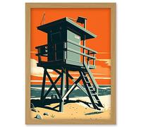 Artery8 Lifeguard Tower Seascape Pastel Colour Orange Teal Blue Beach Bathroom Artwork Framed Wall Art Print A4