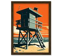 Artery8 Lifeguard Tower Seascape Pastel Colour Orange Teal Blue Beach Bathroom Artwork Framed Wall Art Print A4