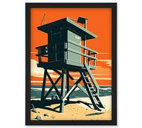 Artery8 Lifeguard Tower Seascape Pastel Colour Orange Teal Blue Beach Bathroom Artwork Framed Wall Art Print A4