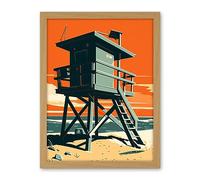 Artery8 Lifeguard Tower Seascape Pastel Colour Orange Teal Blue Beach Bathroom Artwork Framed Wall Art Print 18X24 Inch
