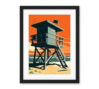Artery8 Lifeguard Tower Seascape Pastel Colour Orange Teal Blue Beach Bathroom Artwork Framed Wall Art Print 18X24 Inch