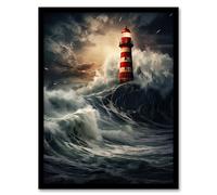 Artery8 Wall Art Print Lighthouse Against a Stormy Sea Dramatic Seascape Framed | Size: W12" x H16" Artery8 Multicolor W12" x H16"