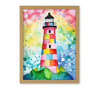 Artery8 Lighthouse At Sunrise Dreamy Folk Art Watercolour Painting Artwork Framed Wall Art Print 18X24 Inch
