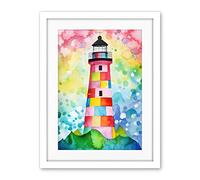 Artery8 Lighthouse At Sunrise Dreamy Folk Art Watercolour Painting Artwork Framed Wall Art Print 18X24 Inch
