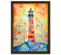 Artery8 Lighthouse At Sunset Dreamy Folk Art Watercolour Painting Artwork Framed A3 Wall Art Print
