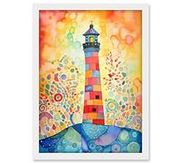 Artery8 Lighthouse At Sunset Dreamy Folk Art Watercolour Painting Artwork Framed A3 Wall Art Print