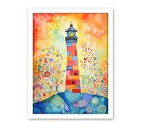 Artery8 Lighthouse At Sunset Dreamy Folk Art Watercolour Painting Artwork Framed Wall Art Print 18X24 Inch
