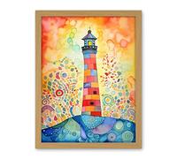 Artery8 Lighthouse At Sunset Dreamy Folk Art Watercolour Painting Artwork Framed Wall Art Print 18X24 Inch