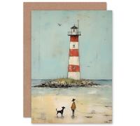 Artery8 Lighthouse Boy and Pet Dog Beach Walk Custom Greeting Card Personalised Message Inside for Him or Her Man Woman Birthday Thank You Kids Child