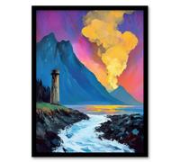 Artery8 Lighthouse by Volcano Iceland Coastal Landscape Framed Art Print in Blue | Size: A4 Artery8 Blue A4