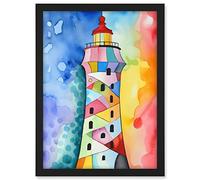 Artery8 Lighthouse Concept With Rainbow Colour Sky Folk Art Watercolour Painting Artwork Framed A3 Wall Art Print
