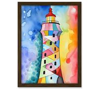 Artery8 Lighthouse Concept With Rainbow Colour Sky Folk Art Watercolour Painting Artwork Framed A3 Wall Art Print